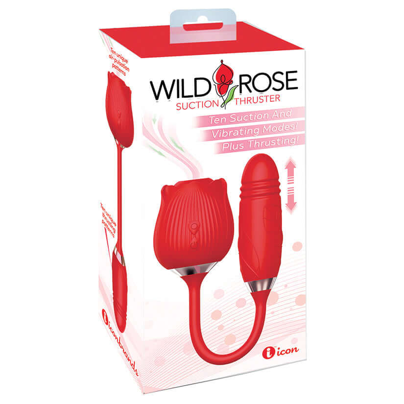 Wild Rose & Thruster rechargeable silicone suction vibrator packaging showcasing its innovative design and features.