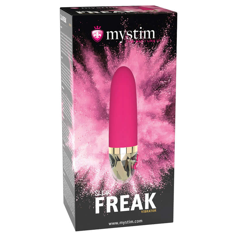 Mystim Sleak Freak Vibrator in pink packaging with vibrant colors, showcasing its sleek design and features.