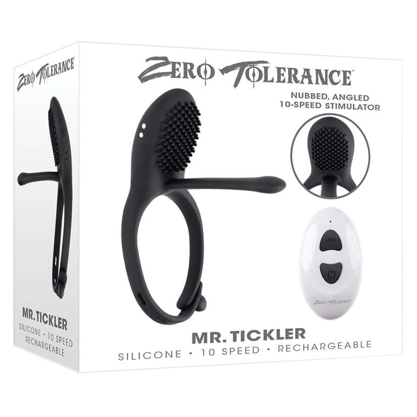 Zero Tolerance Mr. Tickler vibrating C-ring with nubbed stimulator and remote control for optimal pleasure.