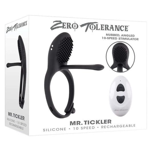 Zero Tolerance Mr. Tickler vibrating C-ring with nubbed stimulator and remote control for optimal pleasure.