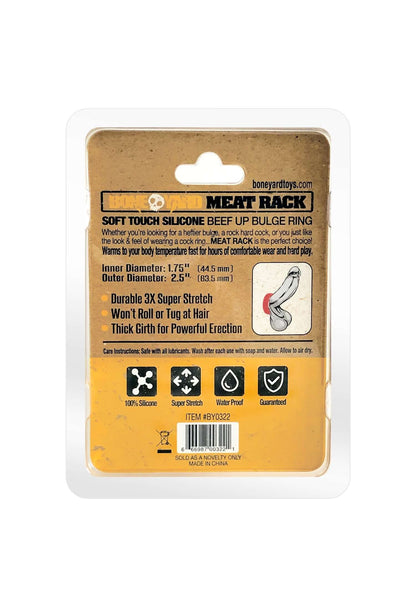 Meat Rack cock ring packaging featuring soft touch silicone, 3X stretch, and thick girth for strong erections.