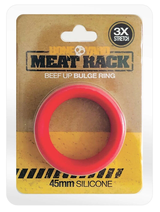 Meat Rack red beefy cock ring in packaging, made of 100% silicone with 3X stretch for comfort and durability.