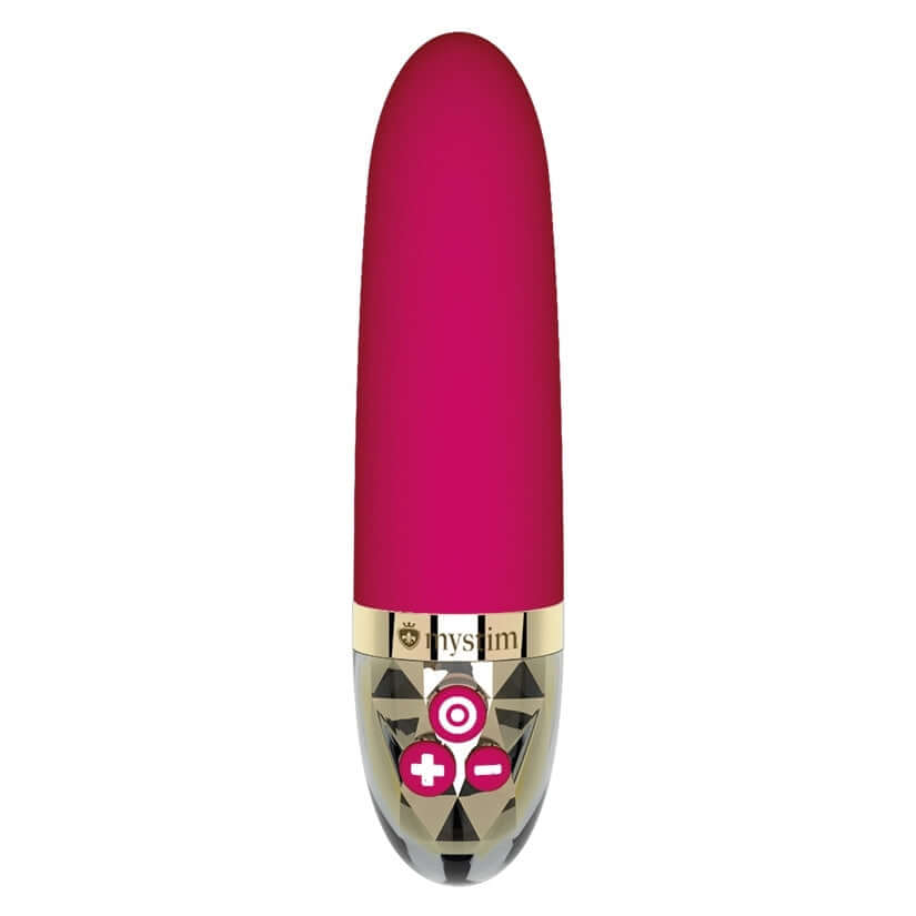 Sleak Freak Vibrator in pink with gold accents, featuring 8 programs and 5 intensity levels, waterproof design.