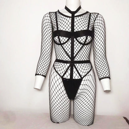 Sexy Lingerie Pink Fishnet Dew Charming Cute Girl Jumpsuit Two Piece