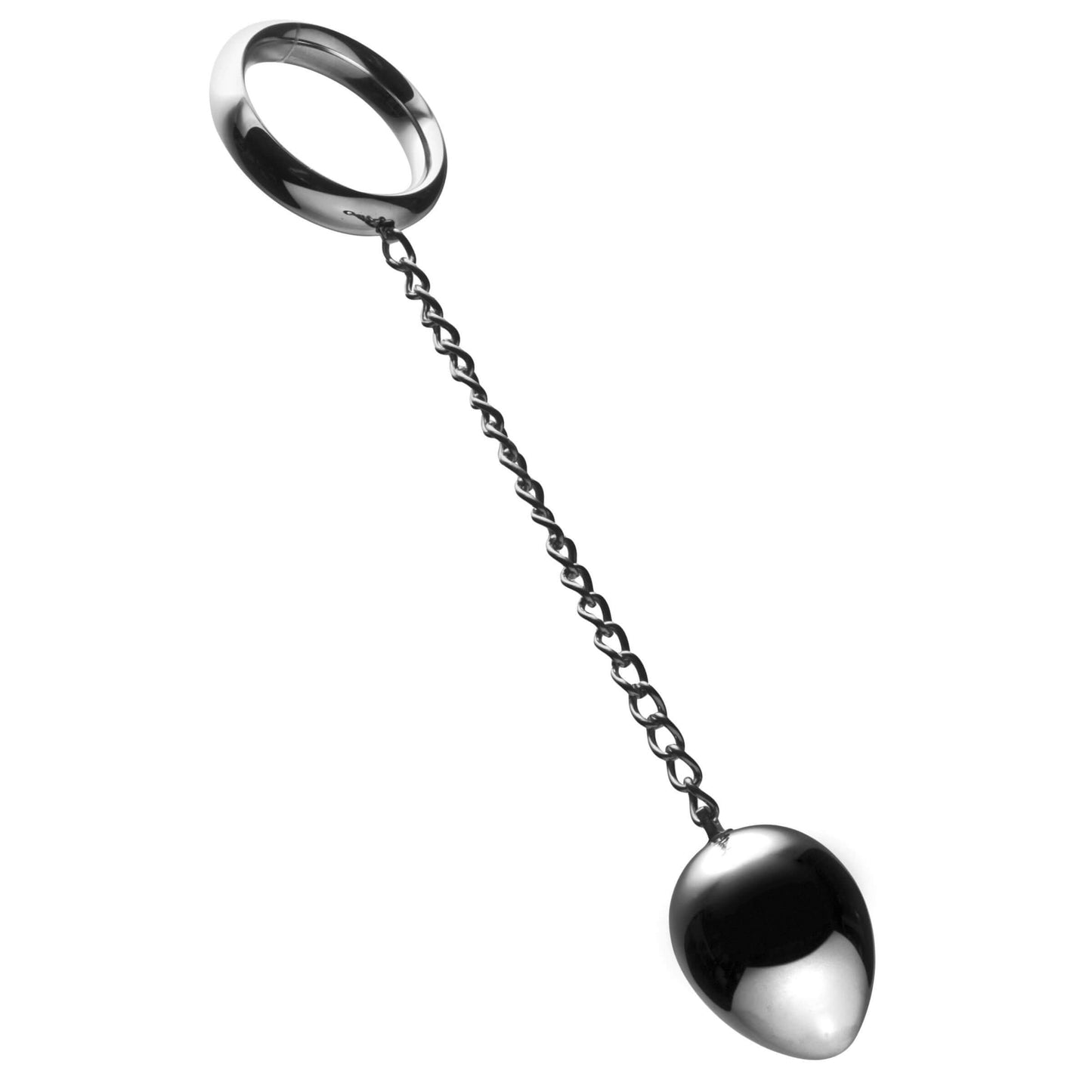 Stainless steel cock ring and anal plug with a chain for dual stimulation and pleasure enhancement.